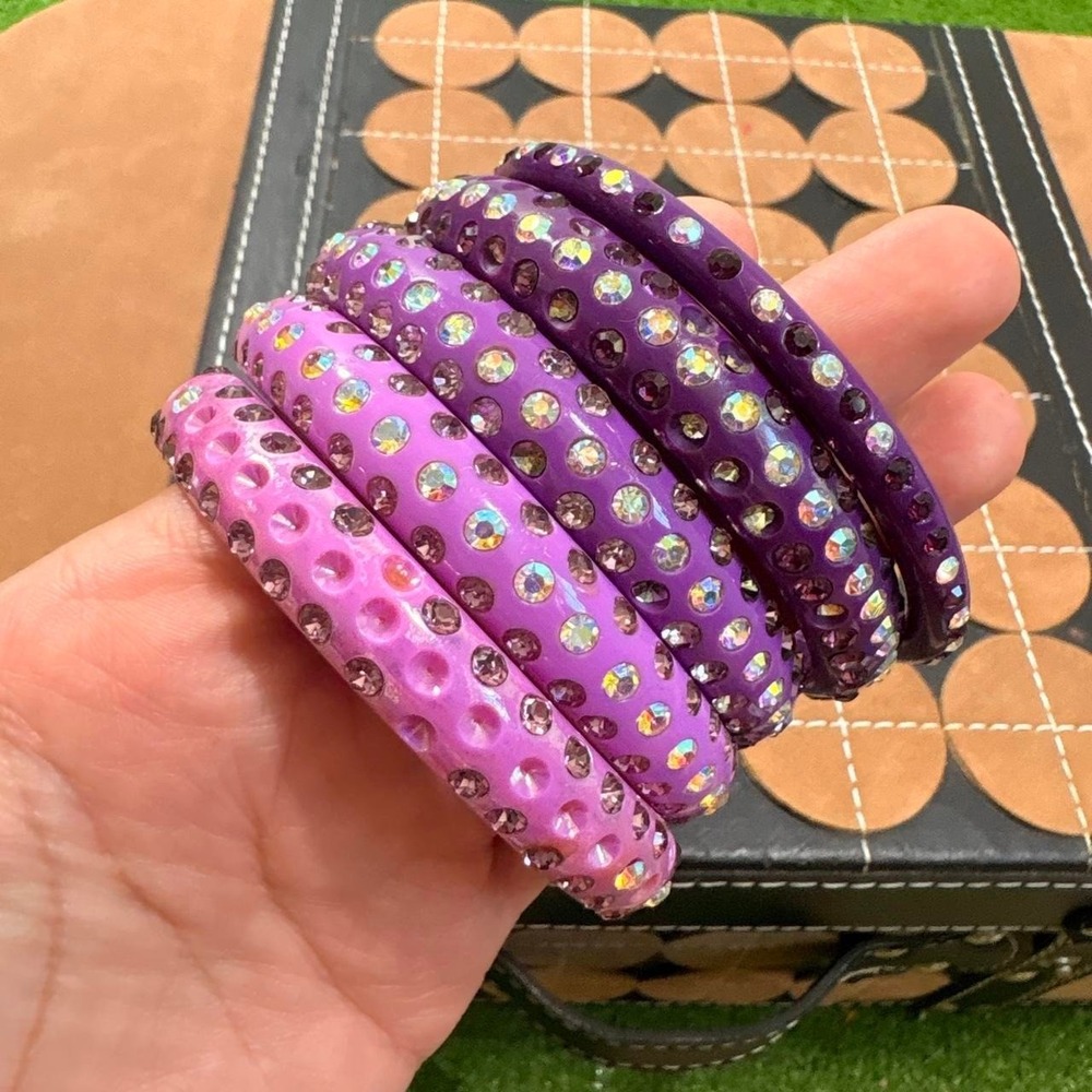 Vintage Y2K Rhinestones Mcbling Purple Jewelry Bracelet Set 5 Bangles
